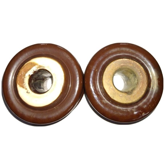 Vintage 2 Porcelain Brown  Spool insulators No Id Markings 3" x 2-7/8" - Picture 3 of 6